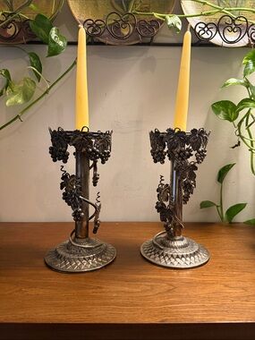 2 VTG Ornate Candle Stick Holders Grape Vine Grapevines Wine